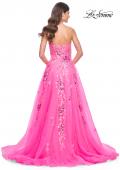 Picture of: Strapless Tulle A-Line Dress with Sequin Floral Applique in Neon Pink, Style: 32137, Detail Picture 8