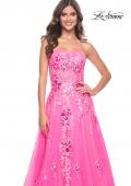 Picture of: Strapless Tulle A-Line Dress with Sequin Floral Applique in Neon Pink, Style: 32137, Detail Picture 9
