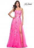 Picture of: Strapless Tulle A-Line Dress with Sequin Floral Applique in Neon Pink, Style: 32137, Detail Picture 11