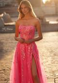 Picture of: Strapless Tulle A-Line Dress with Sequin Floral Applique in Neon Pink, Style: 32137, Detail Picture 2