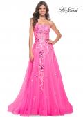 Picture of: Strapless Tulle A-Line Dress with Sequin Floral Applique in Neon Pink, Style: 32137, Detail Picture 7