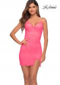 Picture of: Neon Stretch Lace Dress with V Neckline and Lace Up Back in Neon Pink, Main Picture