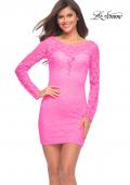 Picture of: Neon Long Sleeve Stretch Lace Dress with Sheer Lace Back in Neon Pink, Main Picture