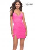 Picture of: Neon Pink Stretch Lace Fitted Mini Dress with Slit in Neon Pink, Style: 30980, Main Picture