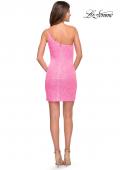 Picture of: Fitted One Shoulder Mini Dress with Slit in Bright Colors in Neon Pink, Style 30934, Detail Picture 9