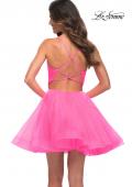 Picture of: Neon Short Fit and Flare Tulle Dress with Open Back in Neon Pink, Back Picture