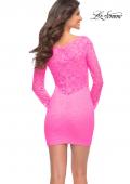 Picture of: Neon Long Sleeve Stretch Lace Dress with Sheer Lace Back in Neon Pink, Back Picture