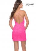 Picture of: Neon Pink Stretch Lace Fitted Mini Dress with Slit in Neon Pink, Style: 30980, Back Picture