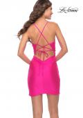 Picture of: Flattering Deep V Ruched Mini Dress with Tie Back in Neon Pink in Neon Pink, Style: 30993, Back Picture