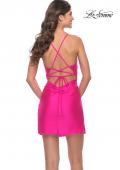 Picture of: Cut Out Short Dress with Ruching and Lace Up Back in Neon Pink in Neon Pink, Style: 31036, Back Picture