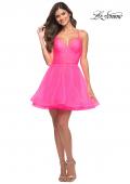 Picture of: Neon Short Fit and Flare Tulle Dress with Open Back in Neon Pink, Detail Picture 1