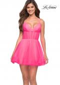 Picture of: Corset Fit and Flare Dress with V Neckline in Neon Pink in Neon Pink, Style 30942, Detail Picture 1