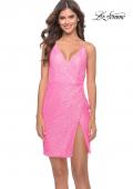Picture of: Wrap Style Ruched Short Dress with High Slit in Bright Colors in Neon Pink, Style: 30984, Detail Picture 1