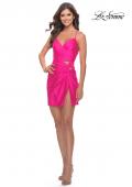 Picture of: Cut Out Short Dress with Ruching and Lace Up Back in Neon Pink in Neon Pink, Style: 31036, Detail Picture 1