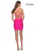 Picture of: Lace Up Back Short Dress with Flattering Ruching in Neon Pink in Neon Pink, Style: 30982, Detail Picture 2