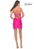 Picture of: Flattering Deep V Ruched Mini Dress with Tie Back in Neon Pink in Neon Pink, Style: 30993, Detail Picture 2