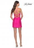 Picture of: Cut Out Short Dress with Ruching and Lace Up Back in Neon Pink in Neon Pink, Style: 31036, Detail Picture 2