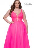 Picture of: Deep V Plus Size Tulle Dress with Lace Illusion Bodice in Neon Pink, Style: 31394, Detail Picture 9