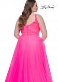 Picture of: Deep V Plus Size Tulle Dress with Lace Illusion Bodice in Neon Pink, Style: 31394, Detail Picture 10