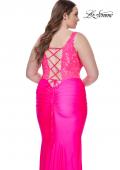 Picture of: Ruched Jersey Plus Dress with Illusion Lace Bodice and Tie Back in Neon Pink, Style: 31273, Detail Picture 12