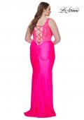 Picture of: Ruched Jersey Plus Dress with Illusion Lace Bodice and Tie Back in Neon Pink, Style: 31273, Detail Picture 13