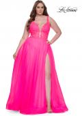 Picture of: Deep V Plus Size Tulle Dress with Lace Illusion Bodice in Neon Pink, Style: 31394, Detail Picture 1