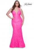 Picture of: Mermaid Lace Plus Size Prom Dress with Deep V in Neon Pink, Style: 31118, Detail Picture 2