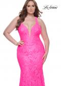 Picture of: Mermaid Lace Plus Size Prom Dress with Deep V in Neon Pink, Style: 31118, Detail Picture 4