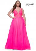 Picture of: Deep V Plus Size Tulle Dress with Lace Illusion Bodice in Neon Pink, Style: 31394, Detail Picture 6