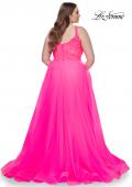 Picture of: Deep V Plus Size Tulle Dress with Lace Illusion Bodice in Neon Pink, Style: 31394, Detail Picture 7