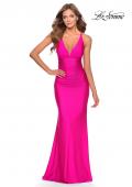 Picture of: Ruched Jersey Prom Dress with Strappy Lace Up Back in Neon Pink, Style: 28297, Main Picture
