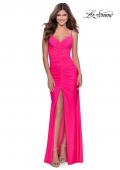 Picture of: Neon Ruched Prom Gown with Center Slit in Neon Pink, Style: 28891, Main Picture