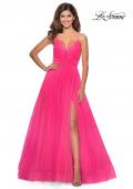 Picture of: Long Tulle Prom Dress with Criss Cross Bodice Detail in Neon Pink, Style: 28893, Main Picture