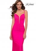 Picture of: Neon Pink Fitted Gown with Deep V anc Ruching in Neon Pink, Style 29966, Main Picture