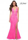 Picture of: Stretch Lace Gown with Slit and Open Keyhole Back in Neon Pink, Style 29978, Main Picture
