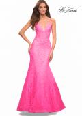 Picture of: Neon Pink Mermaid Lace Prom Dress with Sheer Jeweled Bodice in Pink, Style: 30663, Main Picture