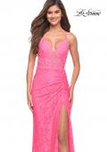 Picture of: Illusion Lace Gown with Deep V Neckline in Neon Pink, Style: 30694, Main Picture