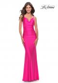 Picture of: Open Lace Up Back Long Gown with Lace Side Detail in Neon Pink, Style: 31365, Main Picture