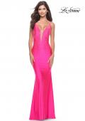 Picture of: Bedazzled Rhinestone Jersey Gown with Deep V Neckline in Neon in Neon Pink, Style: 31413, Main Picture