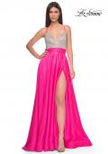 Picture of: Satin Gown with Sheer Rhinestone Bodice in Neon in Neon Pink, Style: 31448, Main Picture