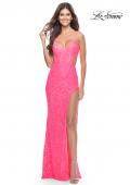 Picture of: Beaded Lace Prom Dress with Side Cutouts and Slit in Neon Pink, Style: 31568, Main Picture