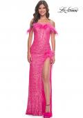 Picture of: Sequin Bustier Dress with Off the Shoulder Feather Lined Top and Slit in Neon Pink, Style: 32150, Main Picture