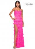 Picture of: Fitted Ruffle Skirt Lace Dress with Illusion Bodice in Neon Pink, Style: 32442, Main Picture