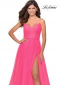 Picture of: Long Tulle Pleated Bodice Prom Gown with Pockets in Neon Pink, Style: 28123, Detail Picture 8