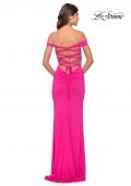 Picture of: Rhinestone Off the Shoulder Dress with Lace Up Back in Neon Pink, Style: 31276, Detail Picture 8