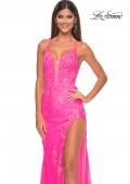 Picture of: Lace Fitted Dress with Deep V Neckline and Lace Applique in Neon Pink, Style: 32205, Detail Picture 8