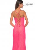 Picture of: Fishnet Rhinestone Fitted Dress with Bustier Top and High Neckline in Neon Pink, Style: 32227, Detail Picture 8