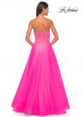 Picture of: Neon A-Line Tulle Prom Dress with Rhinestone Fishnet Bodice in Neon Pink, Style: 32445, Detail Picture 8