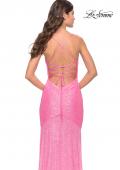 Picture of: Lace Up Back Sequin Gown with Flare Skirt in Bright Colors in Neon Pink, Style: 31509, Detail Picture 9