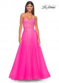 Picture of: Neon A-Line Tulle Prom Dress with Rhinestone Fishnet Bodice in Neon Pink, Style: 32445, Detail Picture 9